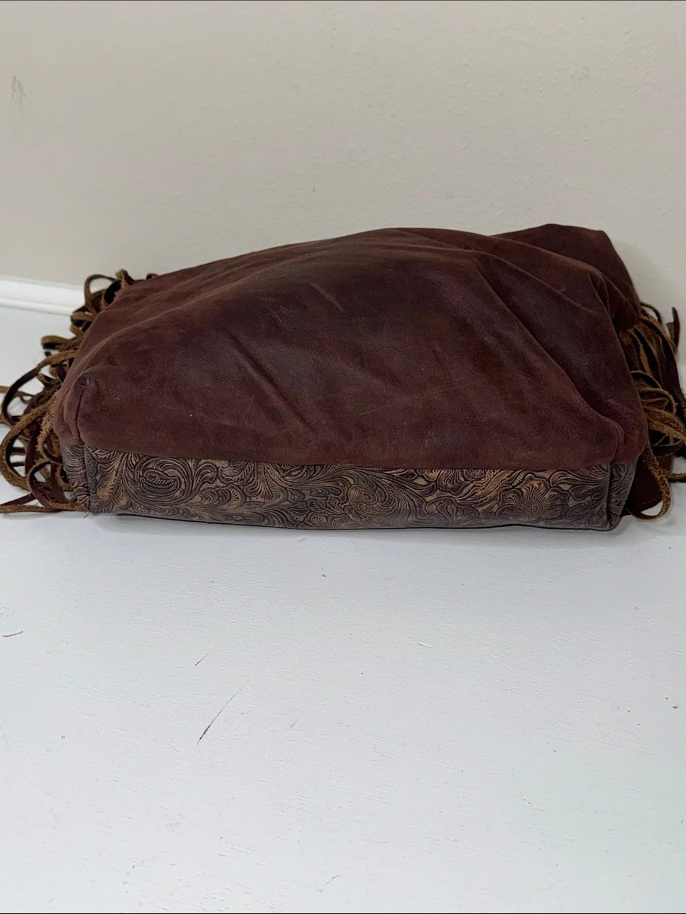 Brown and Tan Leather Fringe Hobo Bag with Turquoise Accent